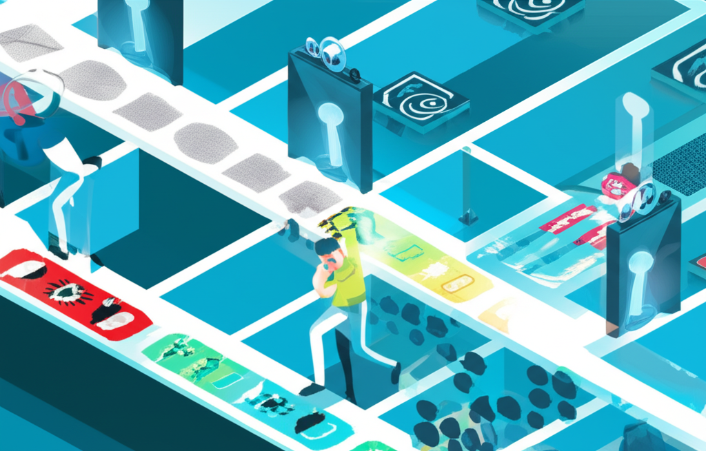 Illustration of a user navigating a maze of limitations on a free AI platform, showing credit counters, slow processing, watermarks, and locked advanced features symbolizing the freemium model