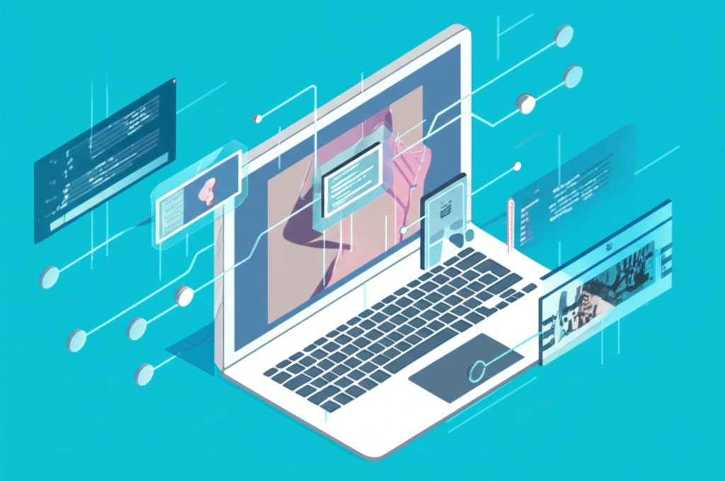 Illustration of generative AI neural networks on a screen manipulating an image to remove clothing, with code and data flows highlighting the advanced technology behind undress AI