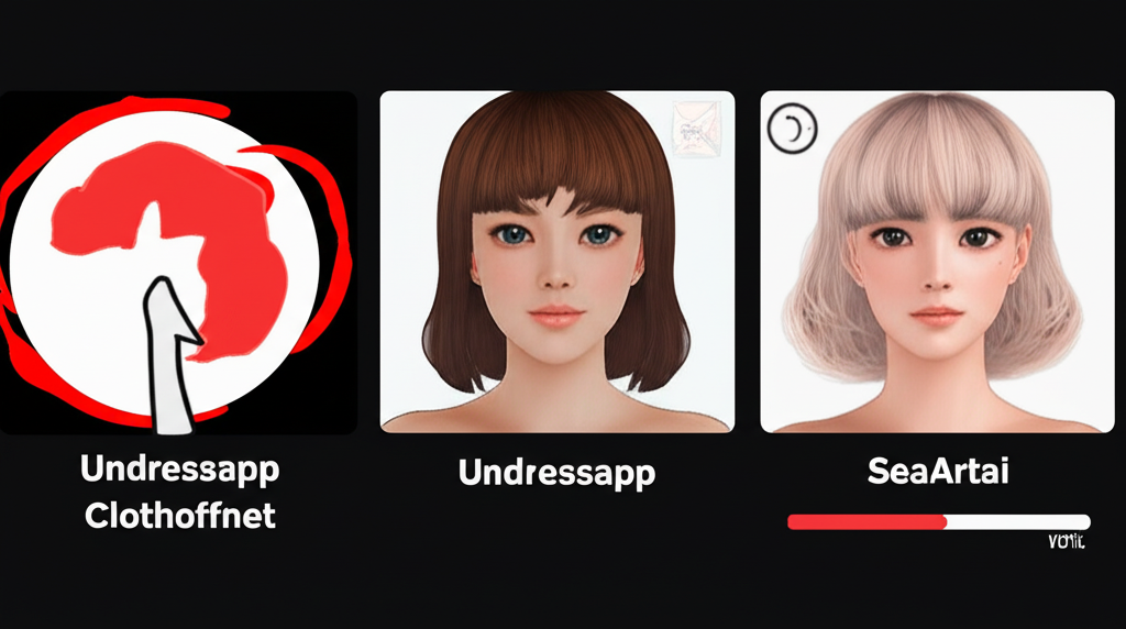 Illustration of online platforms showcasing free AI face swap tools such as Undress.app, Clothoff.net, and SeaArt.ai, with icons indicating common limitations like watermarks and slow speeds