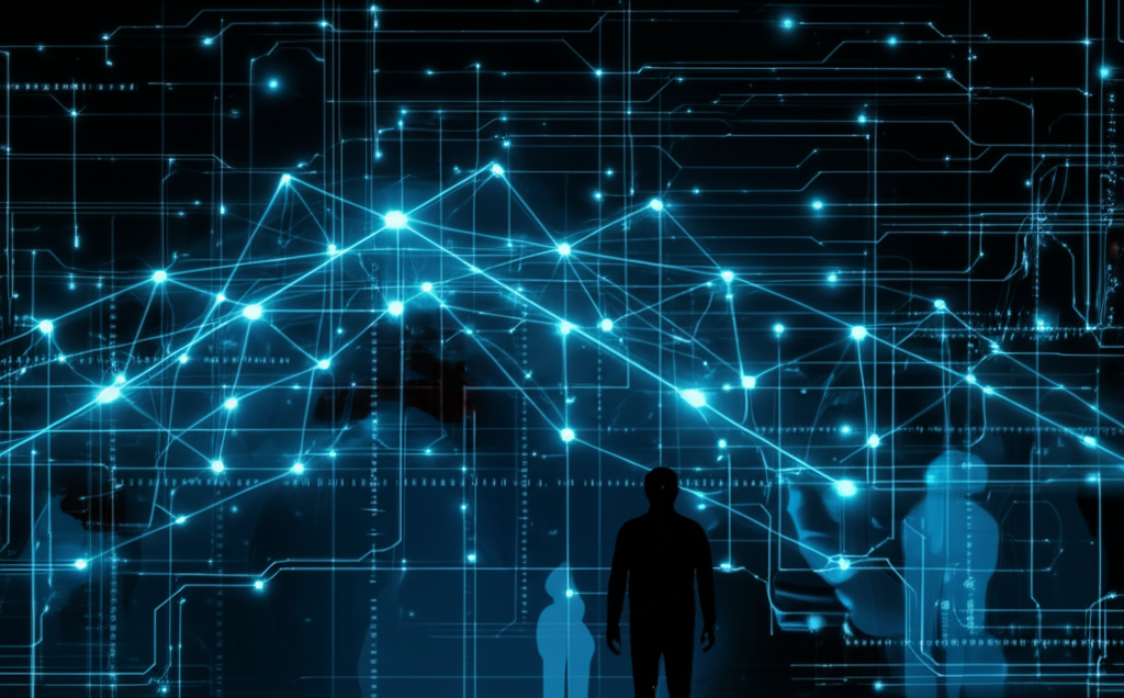 Digital landscape with glowing AI neural networks and ominous figures creating deep nude images, highlighting privacy violations in deepfake technology