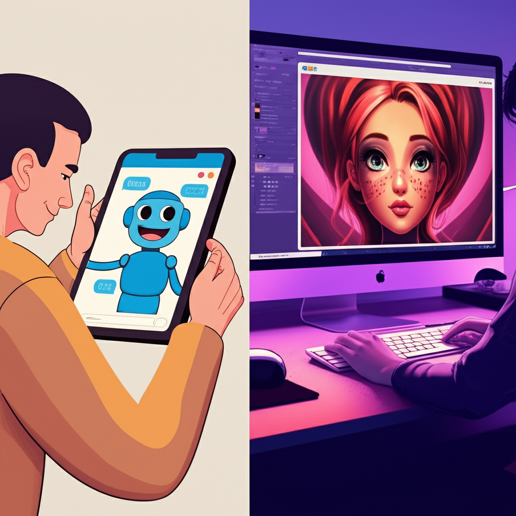 Split-scene illustration of a user chatting with an AI companion on a tablet and another generating NSFW art on a desktop