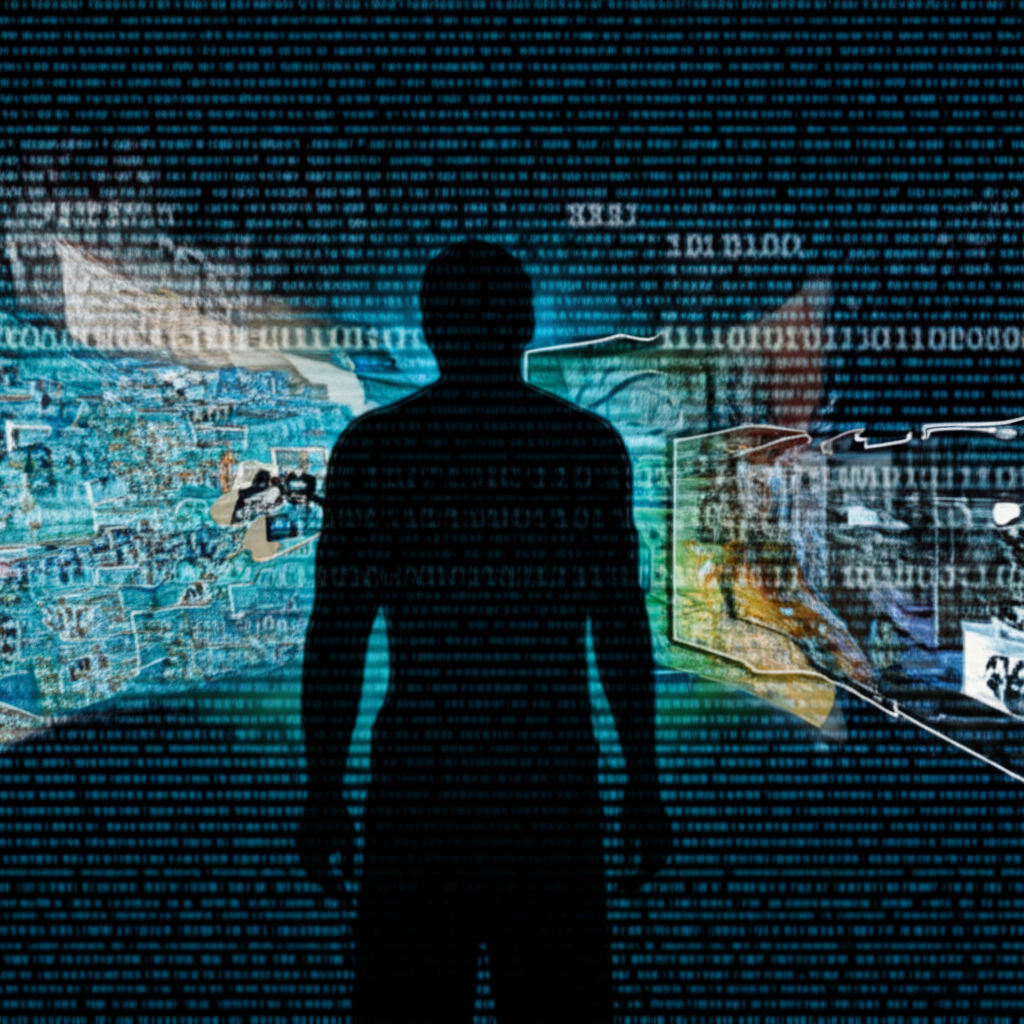 Illustration of digital threats from a connected world, with a person's silhouette manipulated amid glowing data streams symbolizing privacy invasion by undress AI