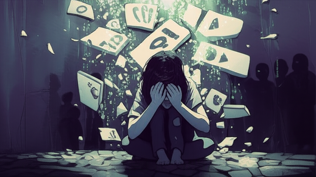 Illustration of a distressed person amid shattered digital pieces, evoking anxiety, depression, and reputational harm from non-consensual images, with shadowy figures representing ostracization