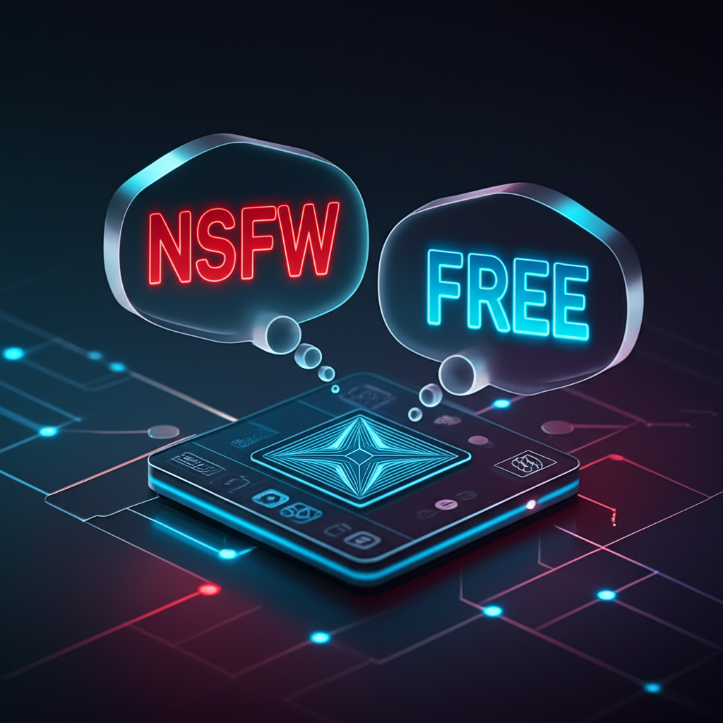 Thought bubbles labeled NSFW and FREE above an AI image generator interface, highlighting key concepts in digital art