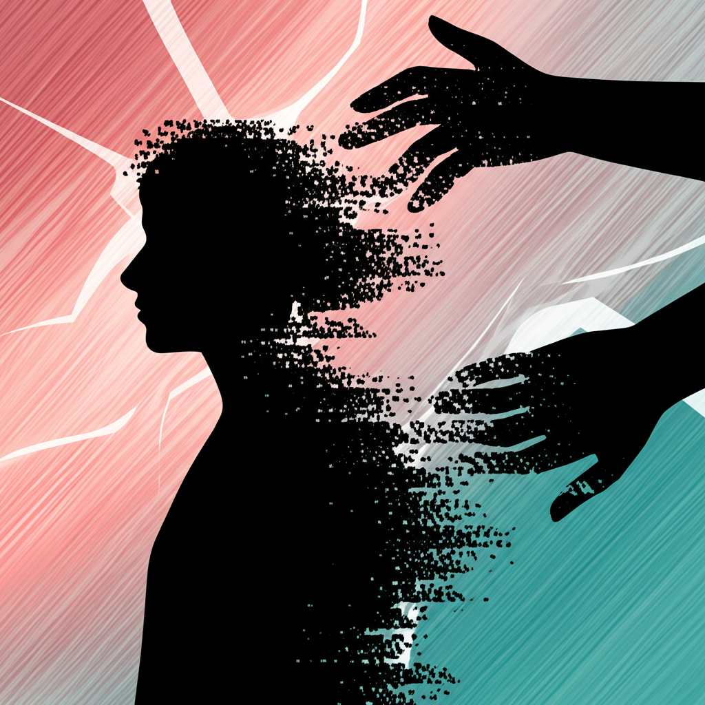 Person's silhouette fragmented by digital distortion, symbolizing ethical privacy breaches and mental health impacts from AI-generated deep nude content