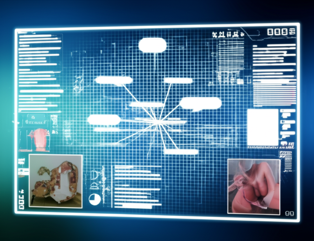 Illustration of a digital canvas with glowing AI elements creating diverse adult content, featuring a user interface for easy access to custom NSFW images that sparks curiosity and discussion