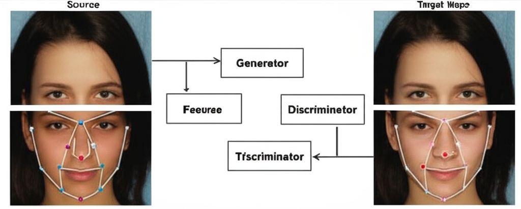 Illustration of a generator and discriminator neural network collaborating to perform a realistic face swap, with key facial landmarks marked on source and target images