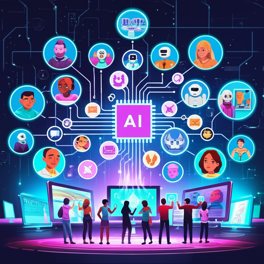 Futuristic digital landscape featuring AI apps as glowing icons for chat and art tools emerging from a central AI brain with diverse users interacting