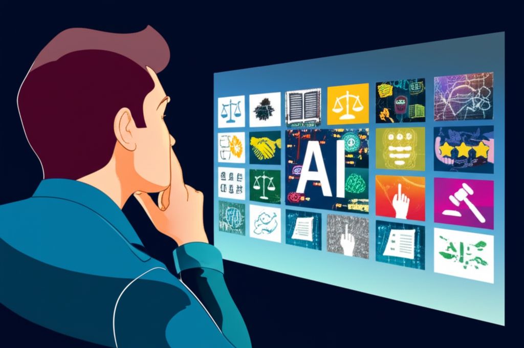 Person thoughtfully viewing AI-generated images on a screen, surrounded by icons of ethics, law, and quality output