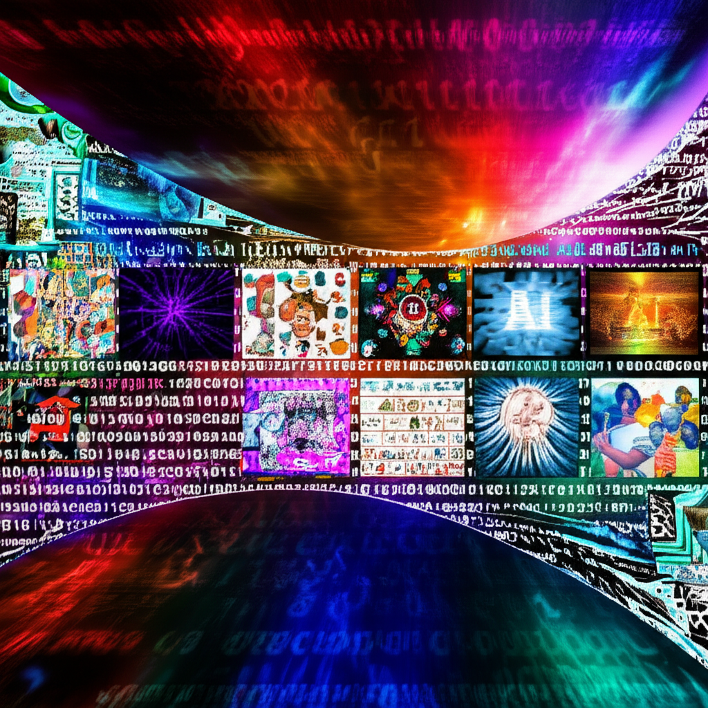 Dynamic digital landscape showing AI art emerging from data streams, symbolizing creativity and ethical debates