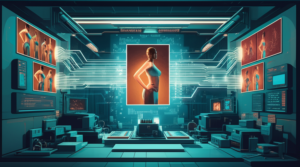 Illustration of competing neural networks in a digital factory generating synthetic nude images from an uploaded photo, showcasing AI undressing technology