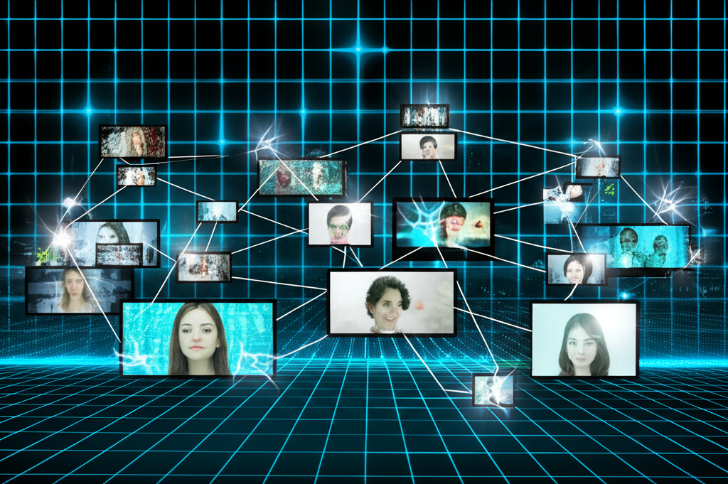 Illustration of a digital landscape featuring glowing AI neural networks swapping faces on screens, highlighting the rise of free AI face swap technology and deepfake porn