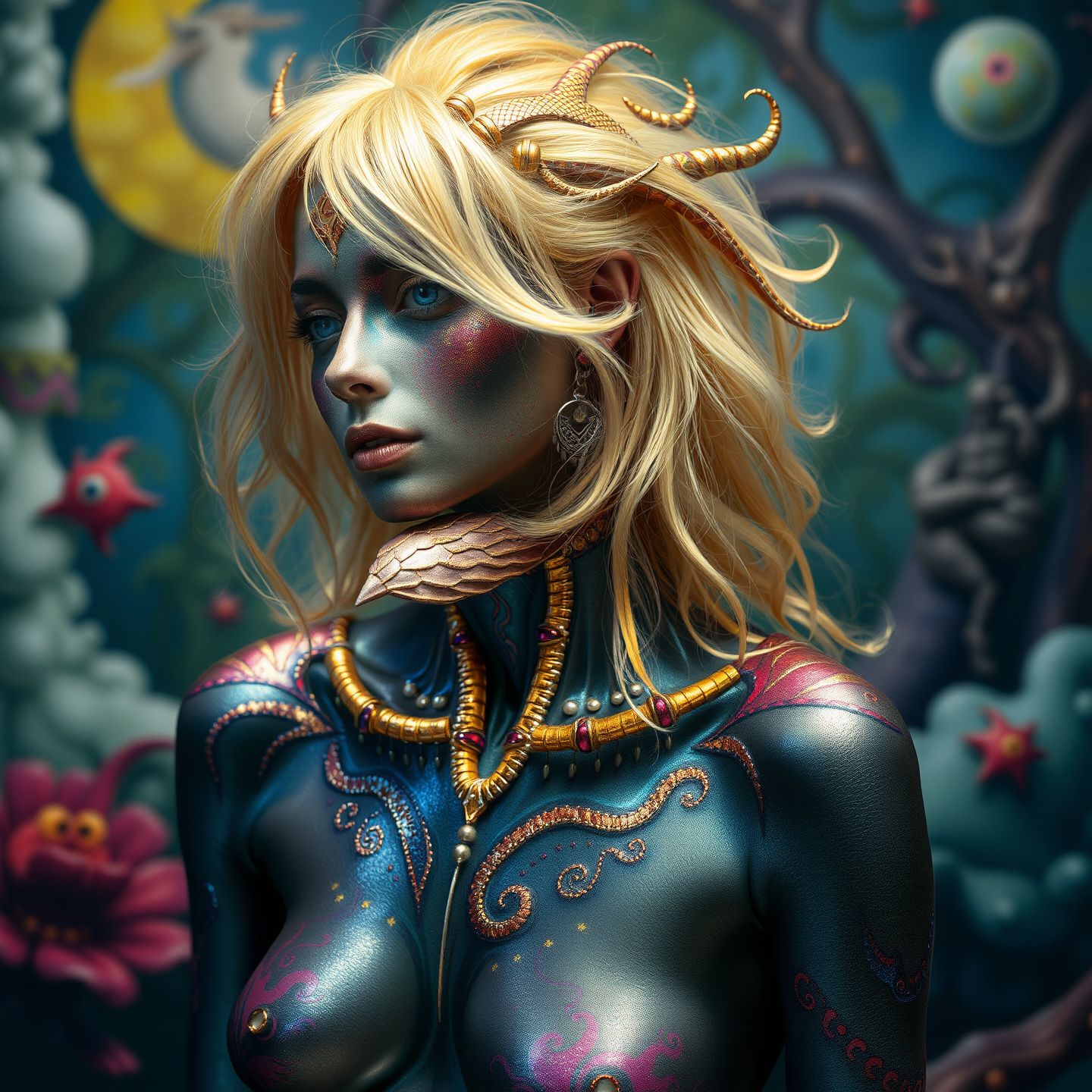 A fantastical scene where a model's body is adorned with shimmering metallic paint and vibrant acrylics depicting mythical creature patterns blending seamlessly with an imaginative background