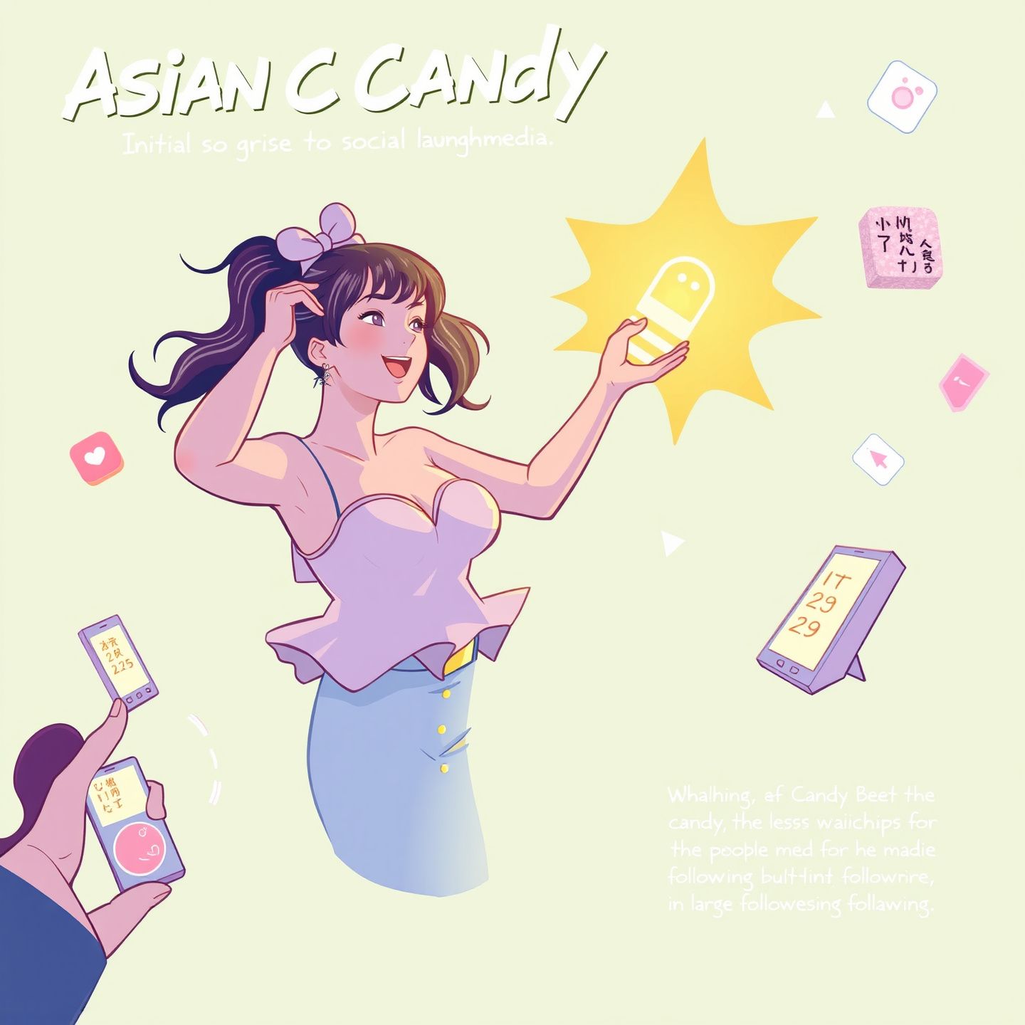A dynamic scene illustrating Asian Candy's initial rise to prominence through strategic social media use, depicting platforms like Instagram as crucial launchpads for her career, with visual elements conveying the cultivation of a large following and the building of online anticipation and curiosity