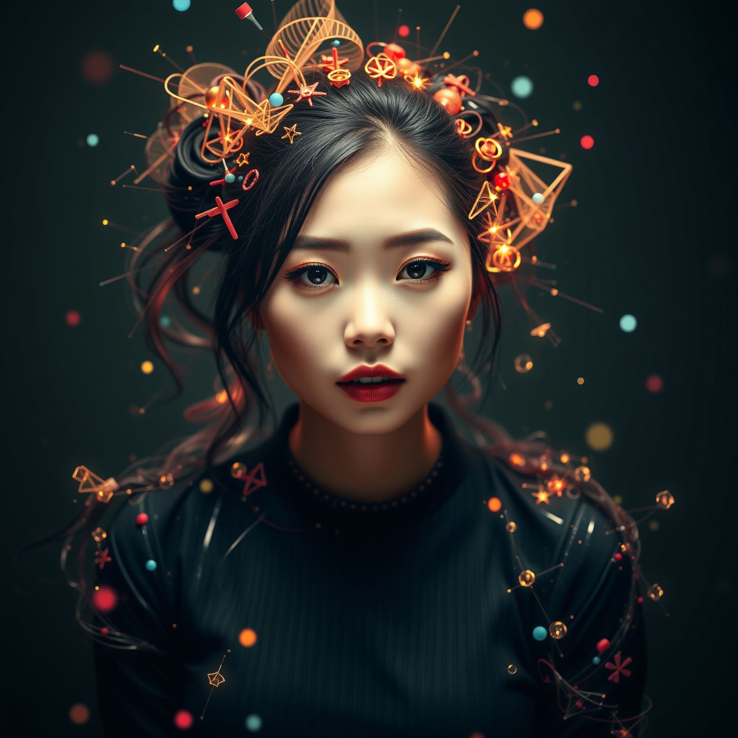 A compelling portrait of a figure representing Asian Candy, embodying her unique presence in the adult entertainment industry, surrounded by abstract digital elements that signify prolific content creation and widespread online influence, with a focus on her distinctive niche and substantial digital following