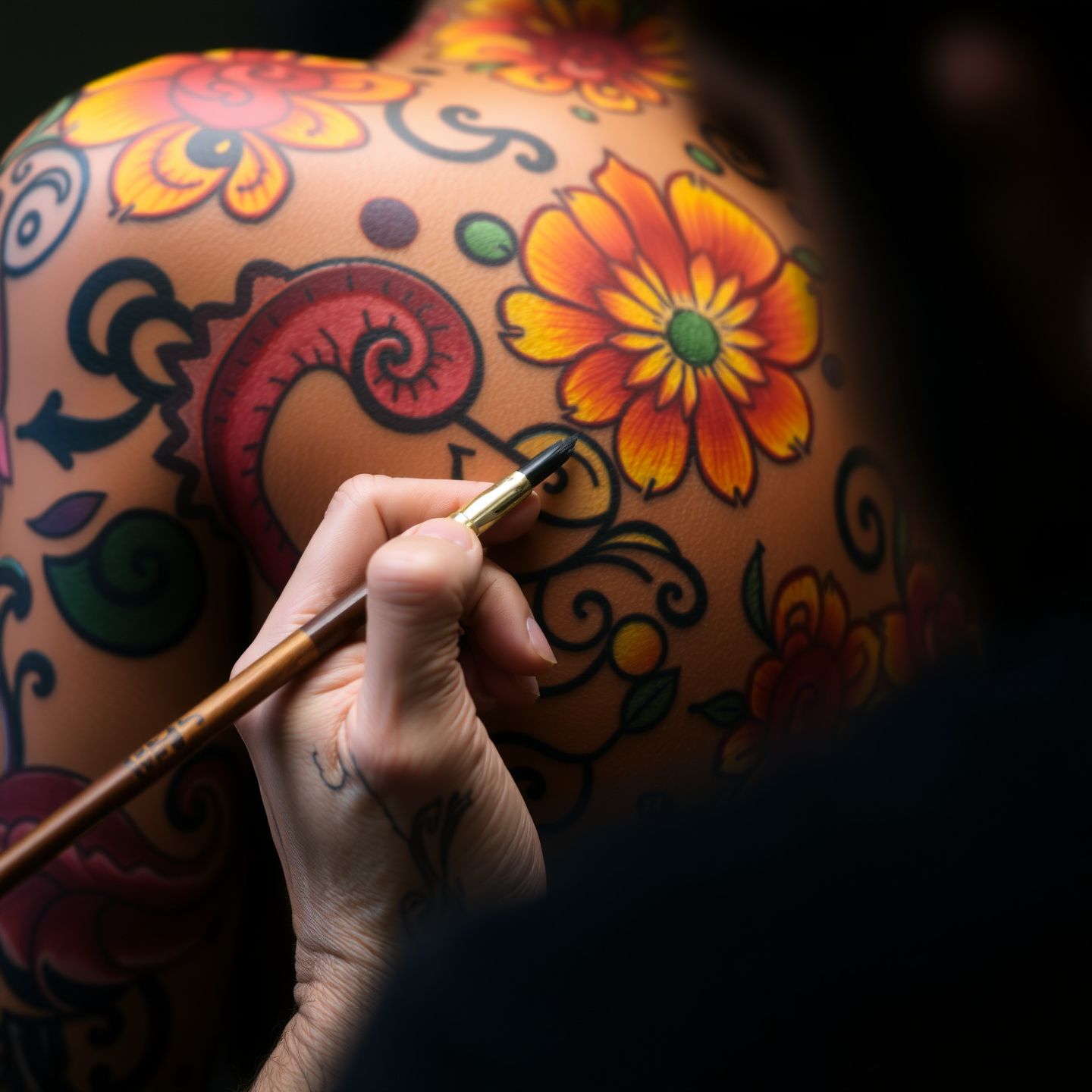 A close-up of an artist meticulously applying intricate colorful designs onto a human body using fine brushes creating a captivating visual artwork with focus on detail and artistic process