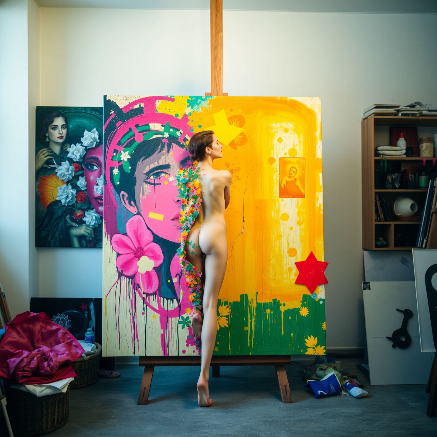 A vibrant artistic studio scene where a human form is subtly integrated into a large abstract painting on a canvas evoking a sense of creative transformation and aesthetic beauty