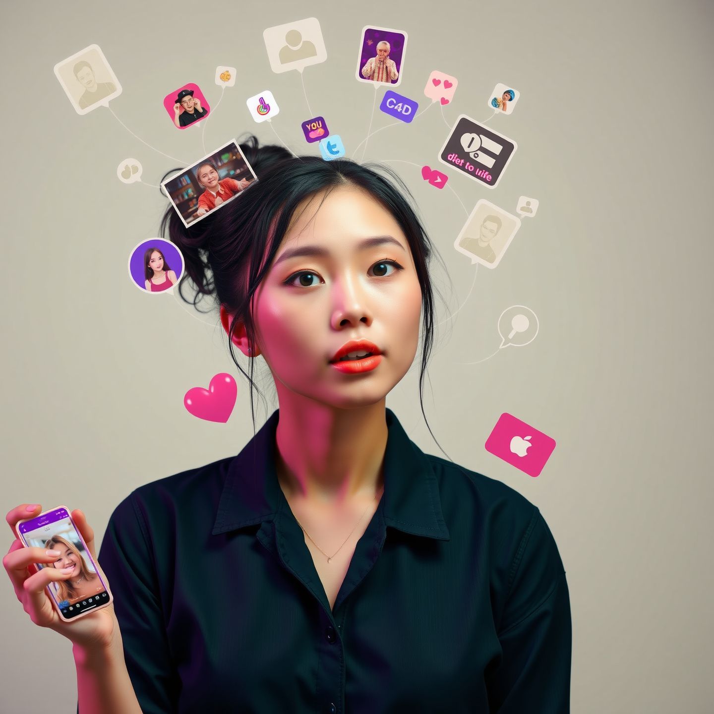 An artistic representation of a modern adult performer, Asian Candy, demonstrating her innovative use of social media and direct-to-fan platforms to build a personal brand and connect with her audience, featuring visual metaphors for widespread content circulation and amplified digital visibility