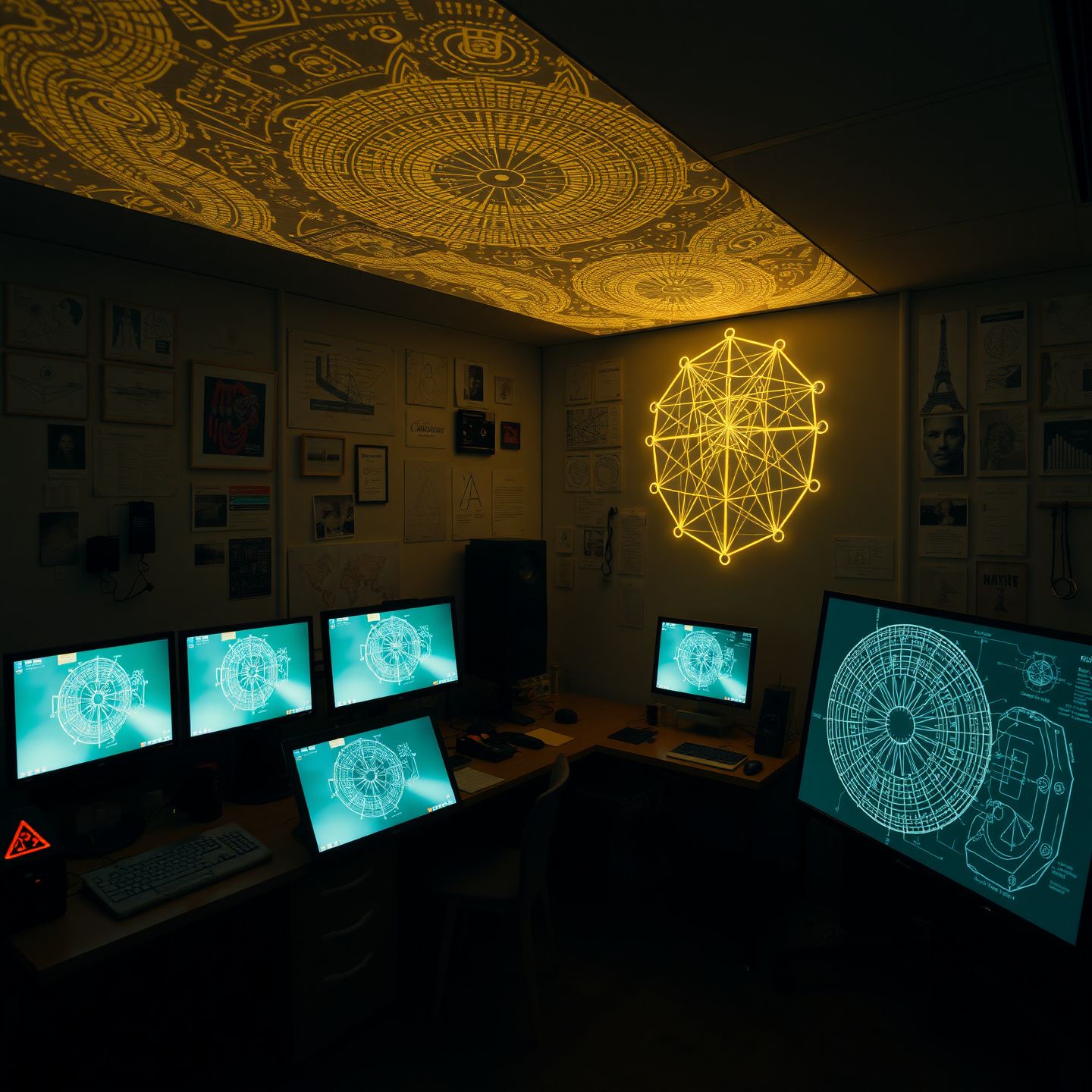 An artist's studio filled with glowing screens and intricate diagrams symbolizing the blend of technical skill and creative vision in AI art generation and responsible digital artistry