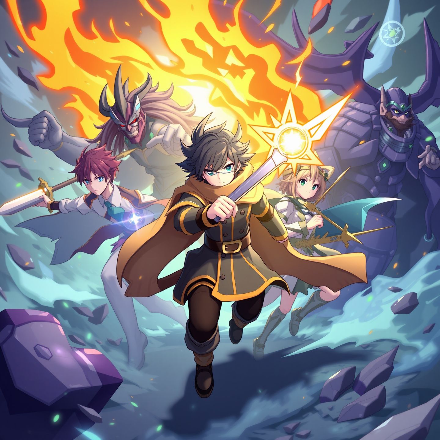 Protagonist in Hentai Heroes leading a team of powerful heroes with unique abilities against villains in vibrant anime art style and turn-based RPG combat focused on character progression