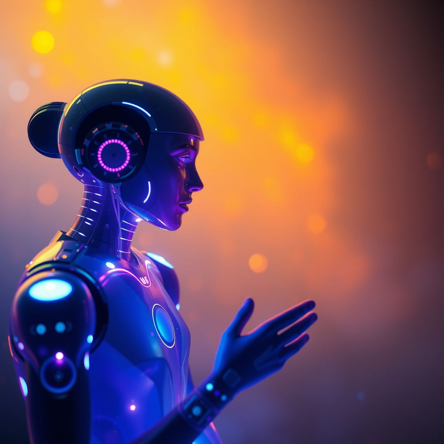 A futuristic digital companion in an ethereal glow engaging in a deep conversation with a user reflecting genuine connection and personalized experience in a vibrant abstract setting