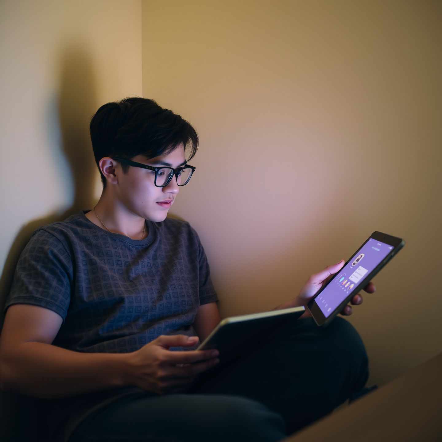 An individual engaged in a private and reflective conversation with a personalized AI companion on a tablet exploring social dynamics and personal growth in a secure digital environment