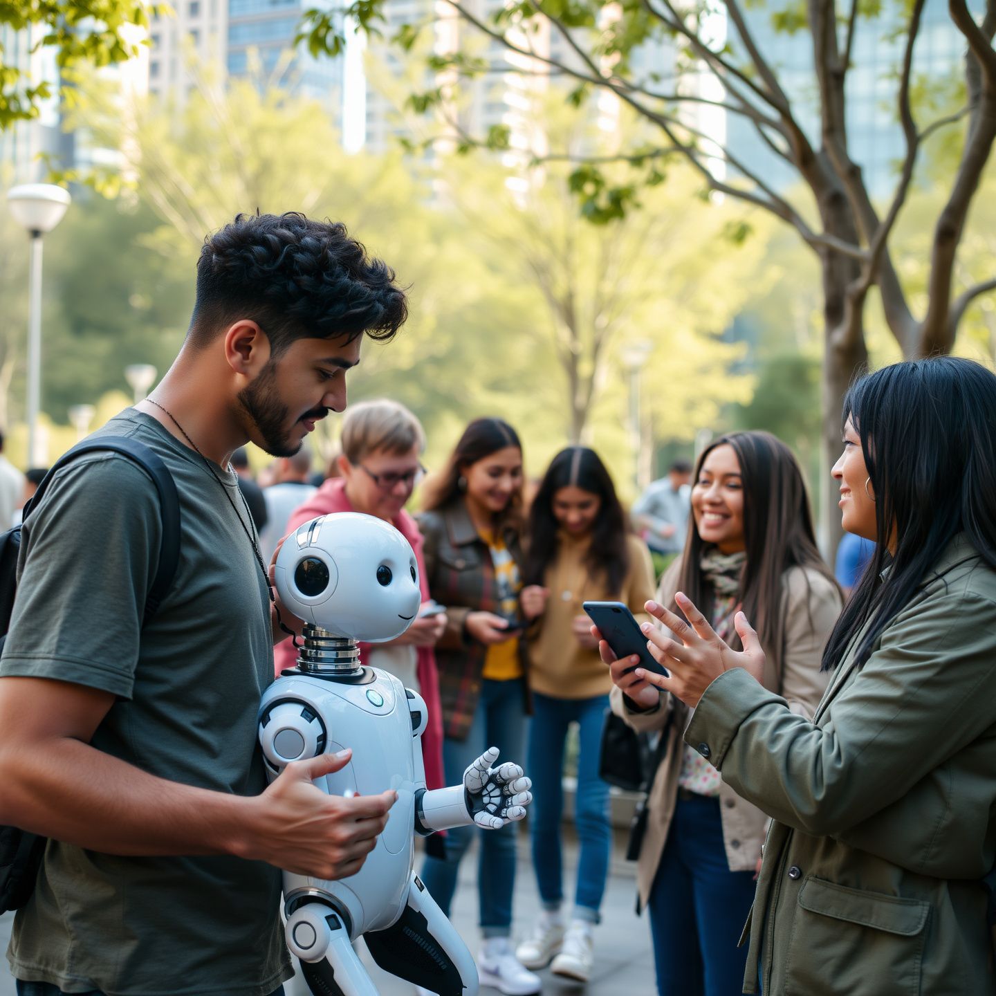 A diverse group of people engaging with advanced AI companions in a futuristic urban park showcasing emotional support and personalized interaction in a connected yet often isolating world