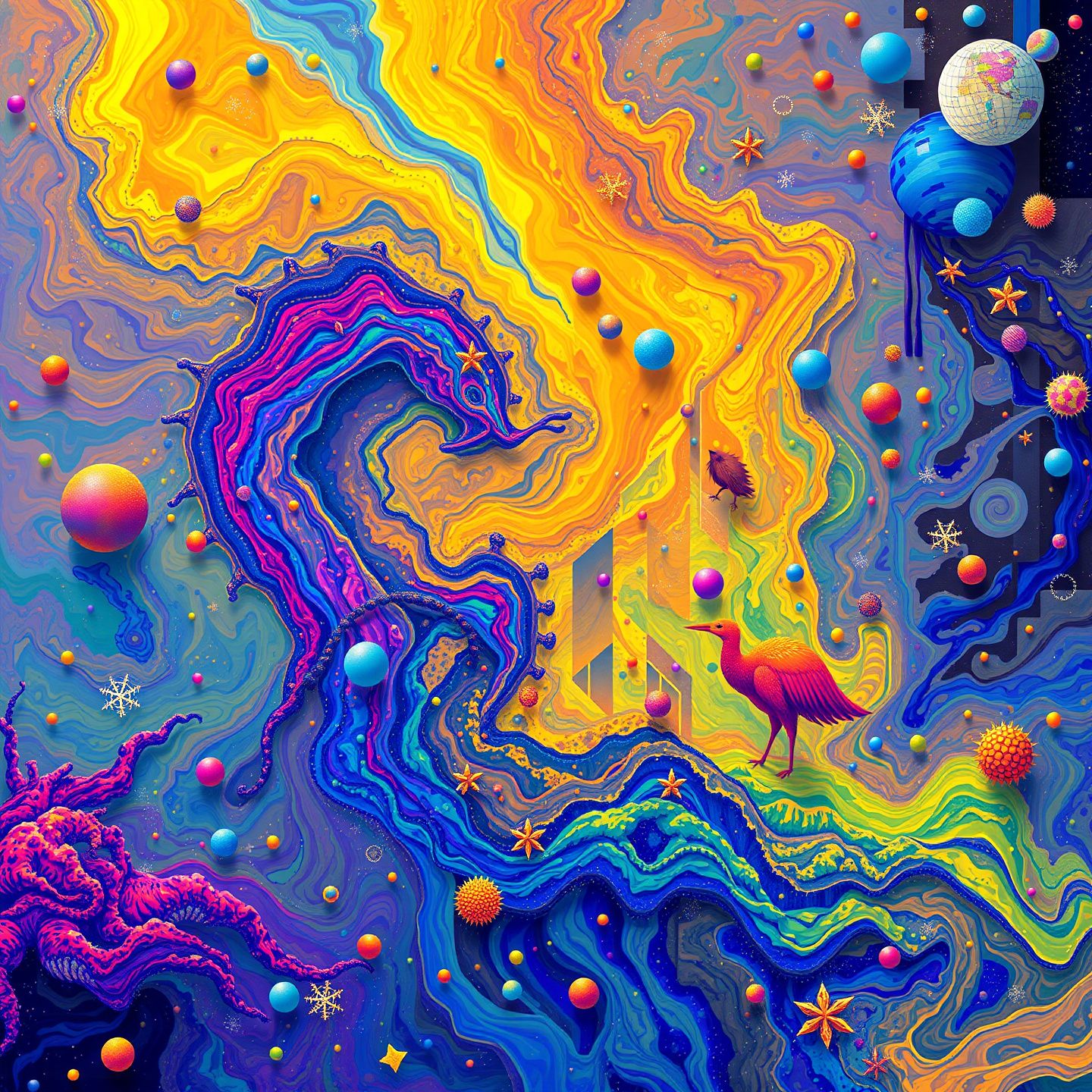 A vibrant digital canvas where artificial intelligence tools are generating diverse imaginative artwork representing the expanding frontiers of digital creativity and accessible artistic expression