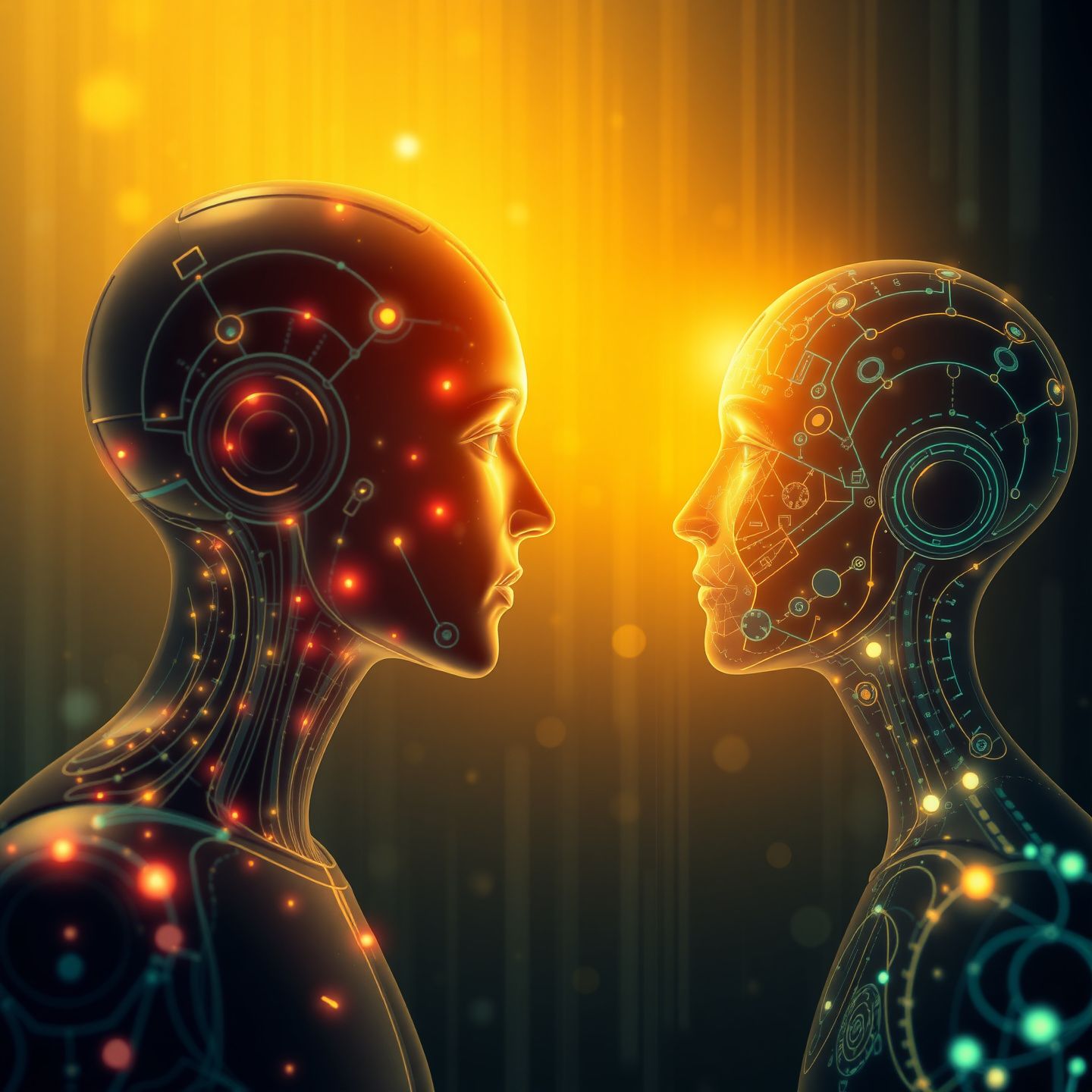 An abstract representation of advanced algorithms and deep learning forming authentic emotional interactions between a user and an AI companion showing a spectrum of human needs met in a glowing digital space