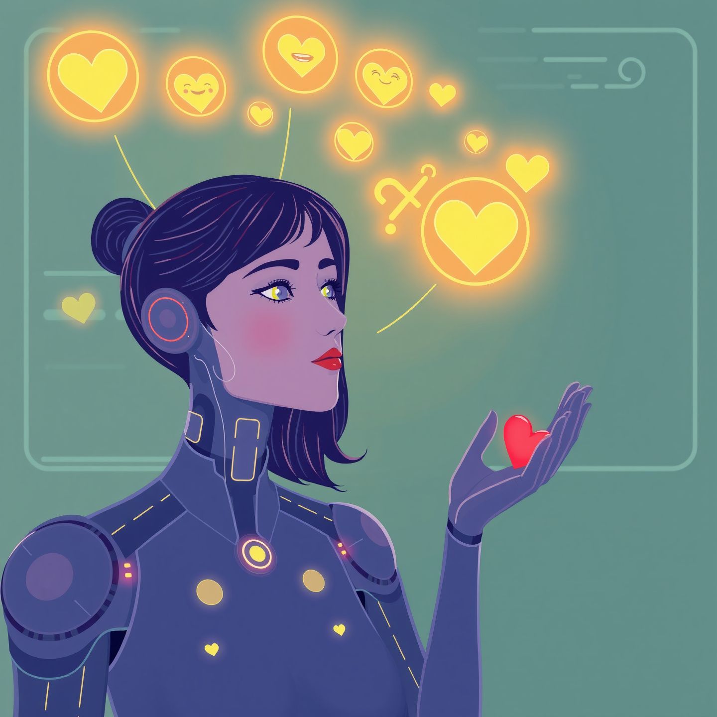 A stylized illustration of an AI girlfriend with nuanced emotional modeling interpreting user sentiment through glowing data streams showcasing empathetic and contextually aware interaction in a sleek futuristic interface